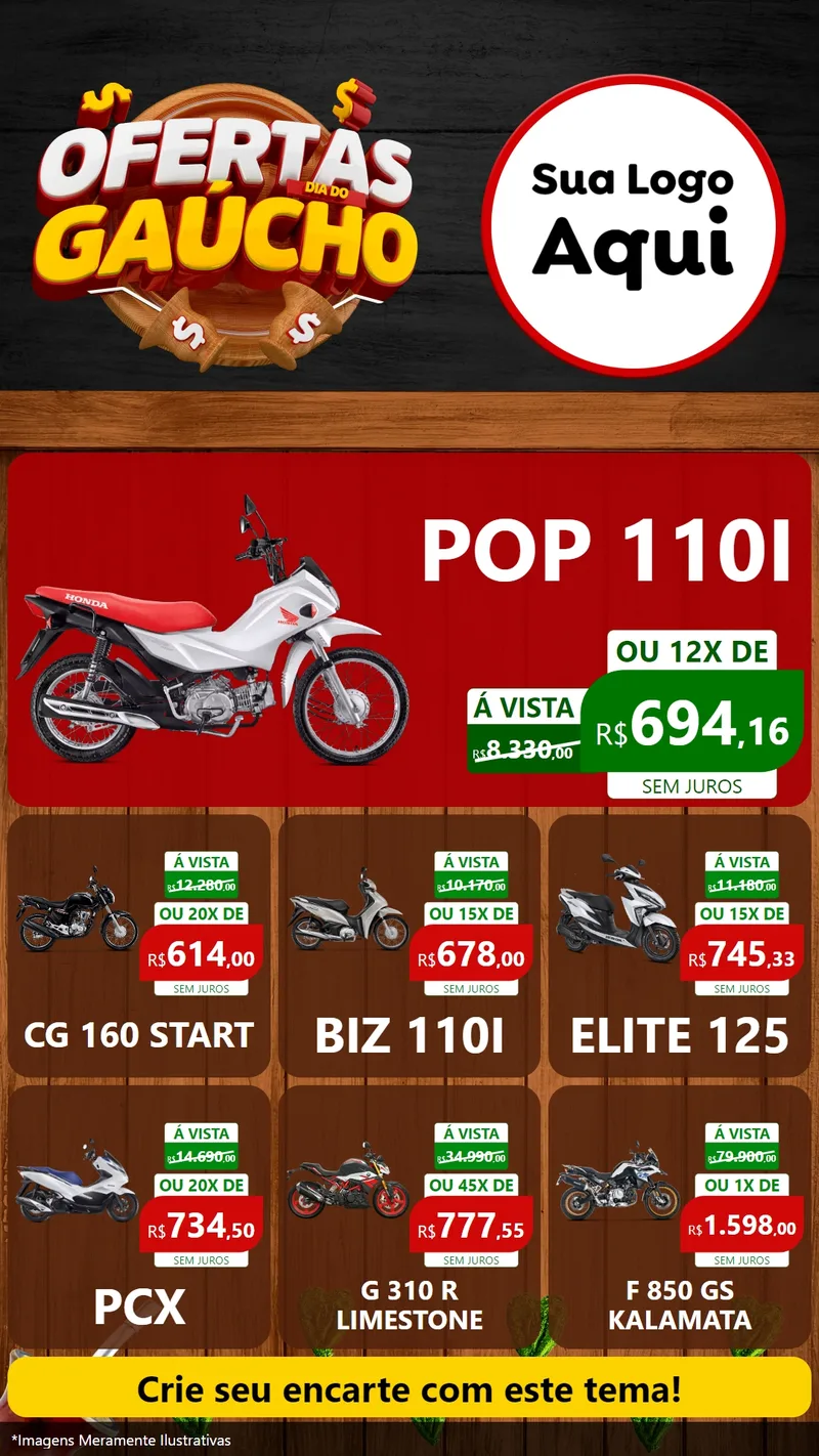Modelo de Rede Social para Stories com o tema Ofertas Dia do Gaúcho para Concessionaria de Motos