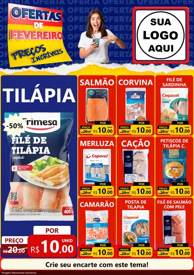 Modelo de Encarte para Encarte A4 Vertical com o tema Ofertas de Fevereiro - Preços Incríveis para Peixaria