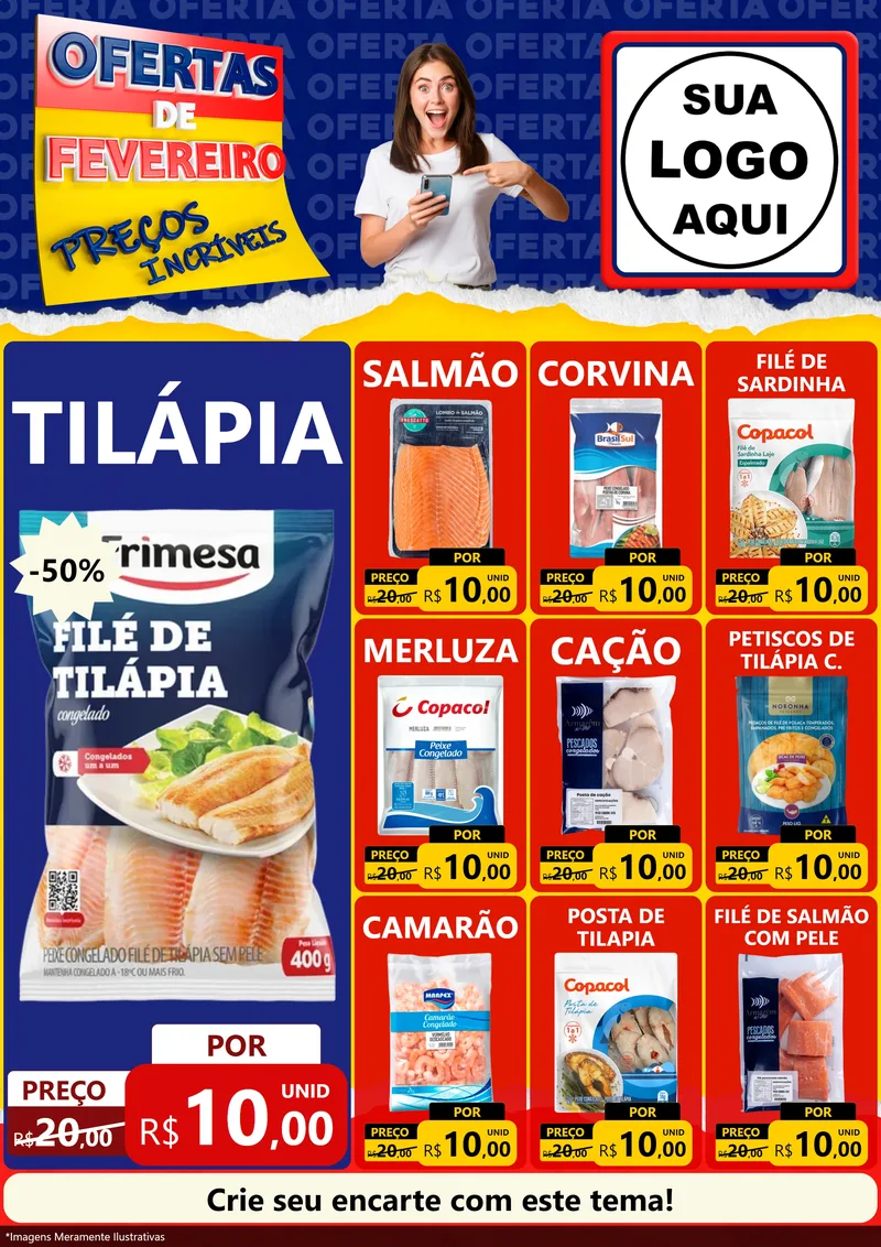 Modelo de Encarte para Encarte A4 Vertical com o tema Ofertas de Fevereiro - Preços Incríveis para Peixaria