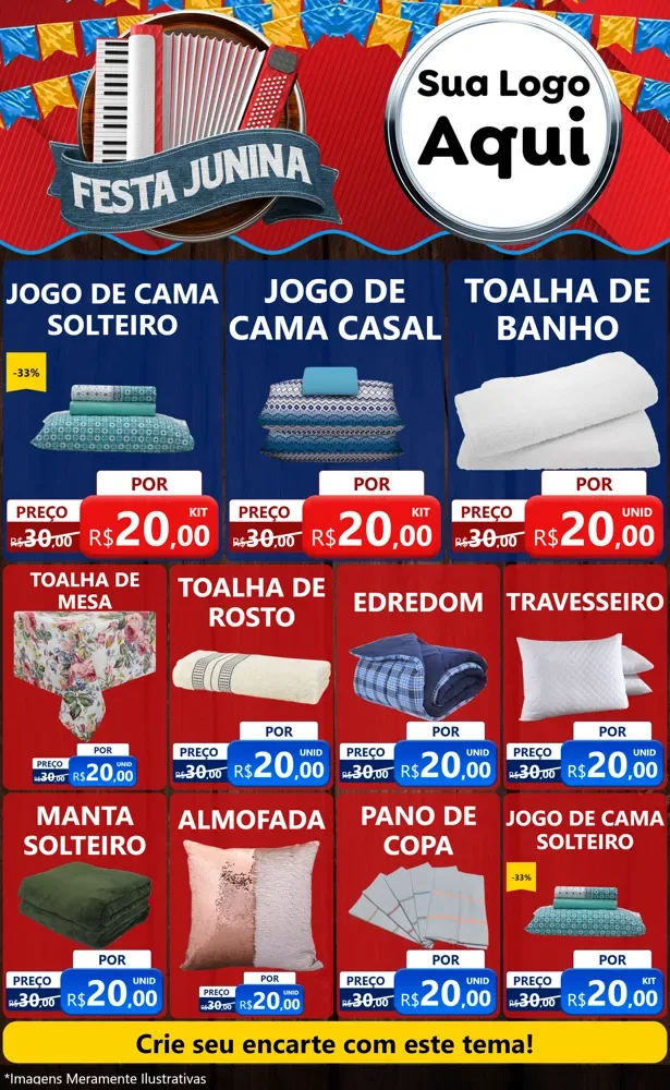 Modelo de Encarte para Encarte Grande com o tema Festa Junina para Cama, Mesa e Banho