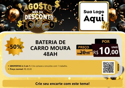 Modelo de Cartaz para Cartaz A4 Horizontal com o tema Agosto Mês do Desconto Louco para Baterias Elétricas