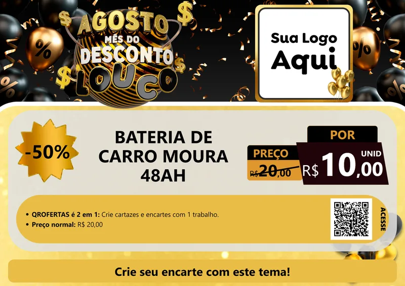Modelo de Cartaz para Cartaz A4 Horizontal com o tema Agosto Mês do Desconto Louco para Baterias Elétricas