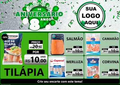 Modelo de Encarte para Encarte A4 Horizontal com o tema Promoção de Aniversário - 8 Anos para Peixaria