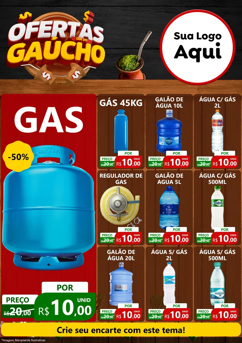 Modelo de Encarte para Encarte A4 Vertical com o tema Ofertas Dia do Gaúcho para Água e gás