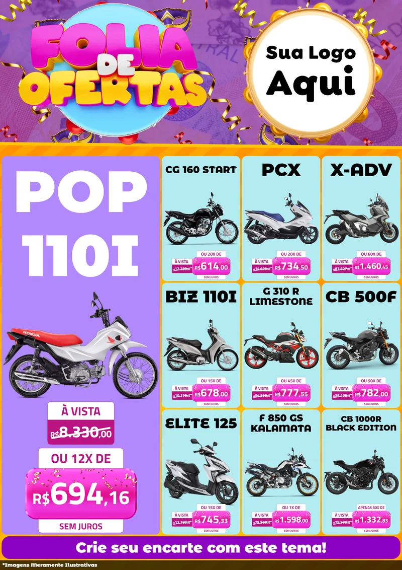 Modelo de Encarte para Encarte A4 Vertical com o tema Folia de Ofertas para Concessionaria de Motos