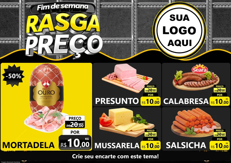 Modelo de Encarte para Encarte A4 Horizontal com o tema Fim de Semana Rasga Preço para Frios e Laticínios