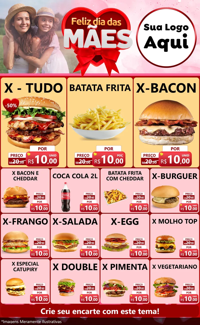 Modelo de Encarte para Encarte Grande com o tema Feliz Dia Das Mães para Hamburgueria