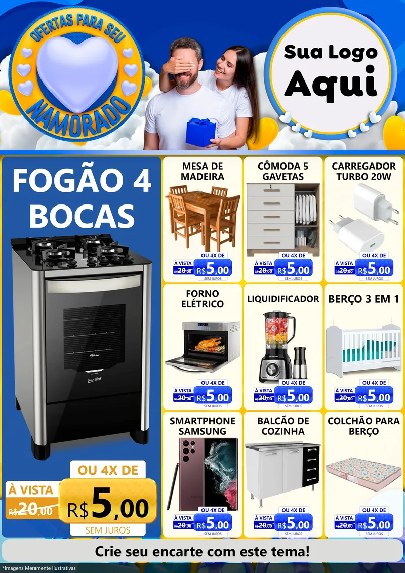 Modelo de Encarte para Encarte A4 Vertical com o tema Ofertas Para Seu Namorado para Móveis e Eletro