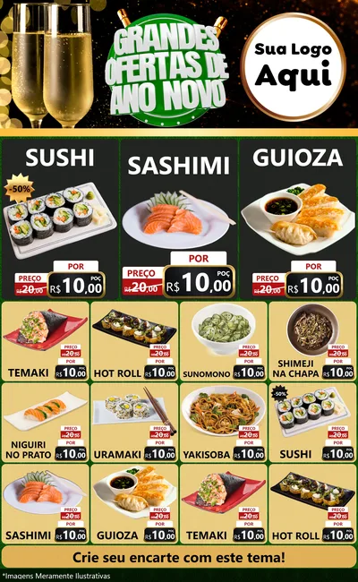 Modelo de Encarte para Encarte Grande com o tema Grandes Ofertas de Ano Novo para Comida japonesa