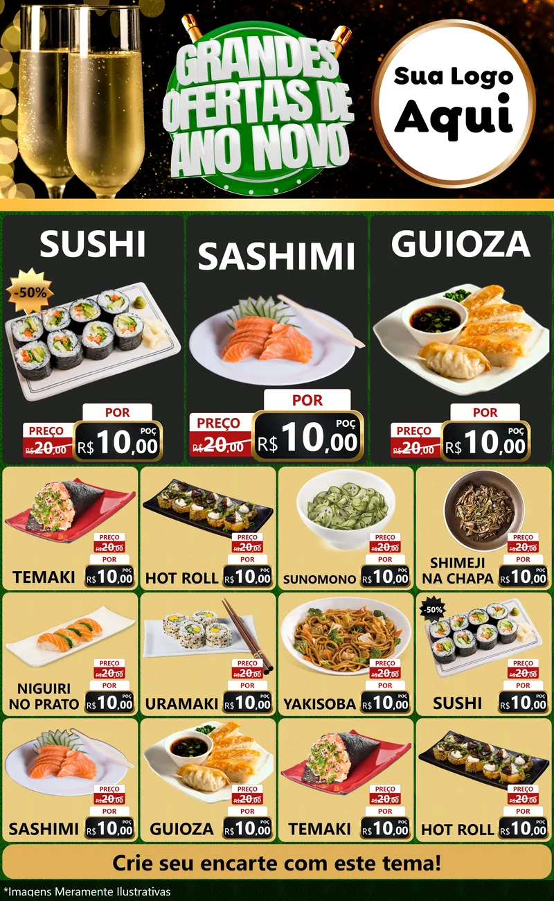 Modelo de Encarte para Encarte Grande com o tema Grandes Ofertas de Ano Novo para Comida japonesa