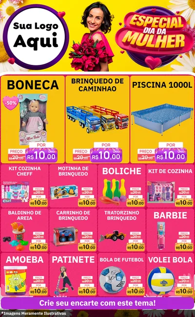 Modelo de Encarte para Encarte Grande com o tema Especial Dia da Mulher para Brinquedos