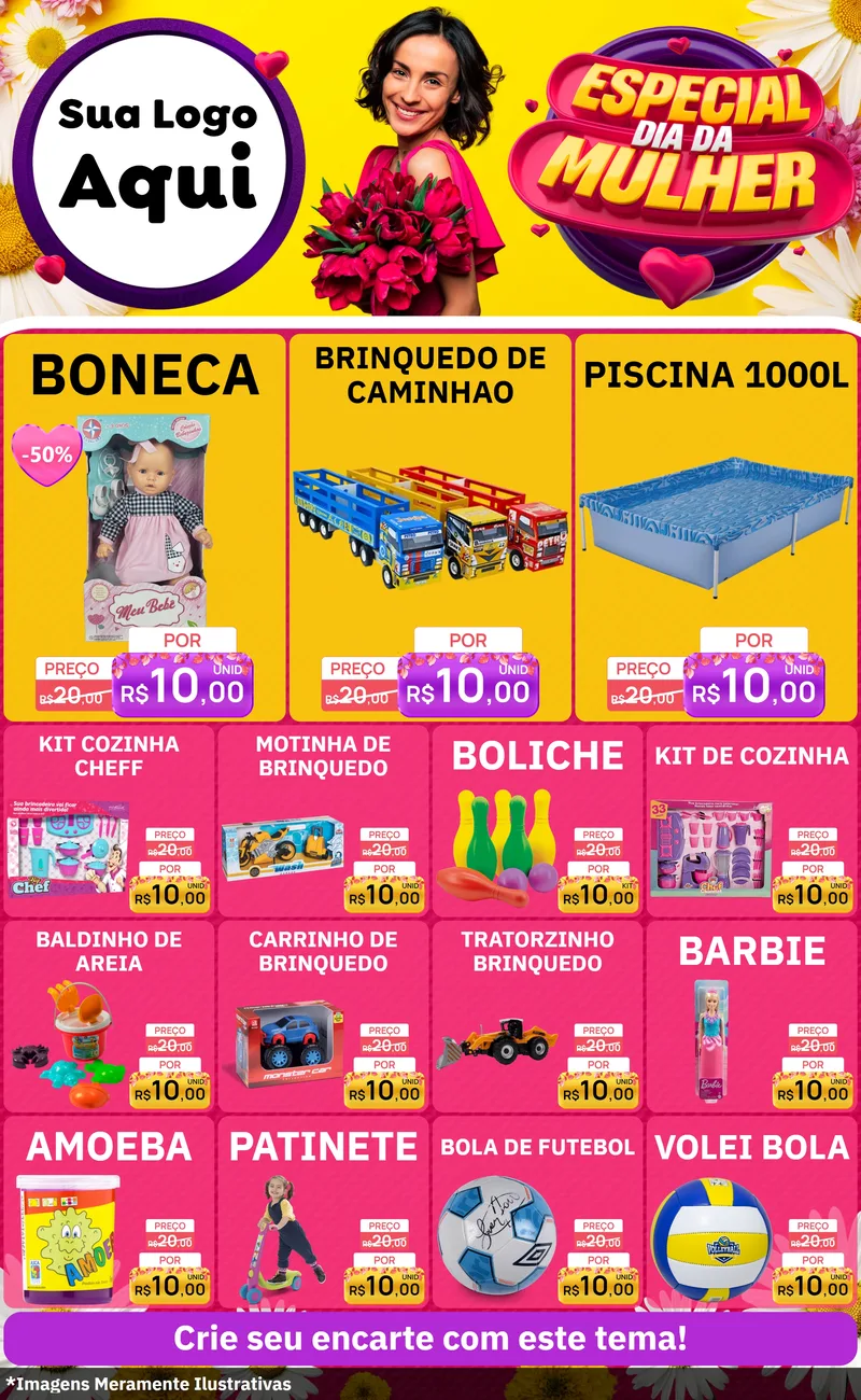 Modelo de Encarte para Encarte Grande com o tema Especial Dia da Mulher para Brinquedos