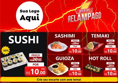 Modelo de Encarte para Encarte A4 Horizontal com o tema Ofertas Relâmpago para Comida japonesa