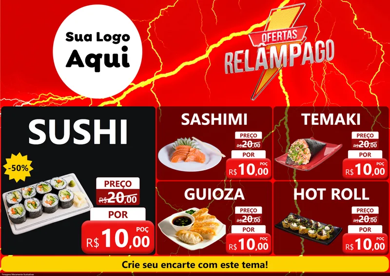 Modelo de Encarte para Encarte A4 Horizontal com o tema Ofertas Relâmpago para Comida japonesa