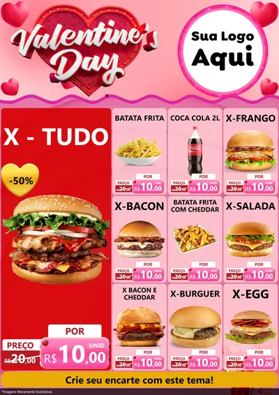 Modelo de Encarte para Encarte A4 Vertical com o tema Valentine's Day para Hamburgueria