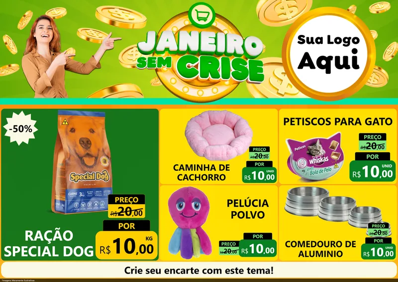 Modelo de Encarte para Encarte A4 Horizontal com o tema Janeiro Sem Crise para Pet Shop
