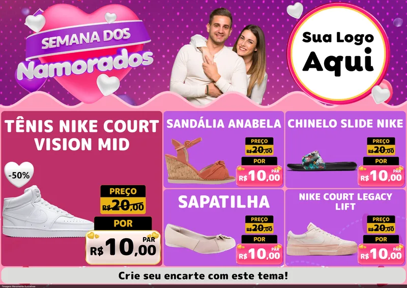 Modelo de Encarte para Encarte A4 Horizontal com o tema Semana dos Namorados para Calçados