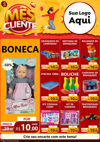 Modelo de Encarte para Encarte A4 Vertical com o tema Mês do Cliente para Brinquedos