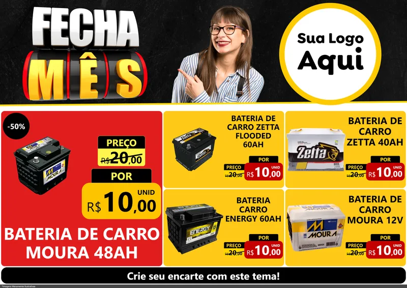 Modelo de Encarte para Encarte A4 Horizontal com o tema Fecha Mês para Baterias Elétricas
