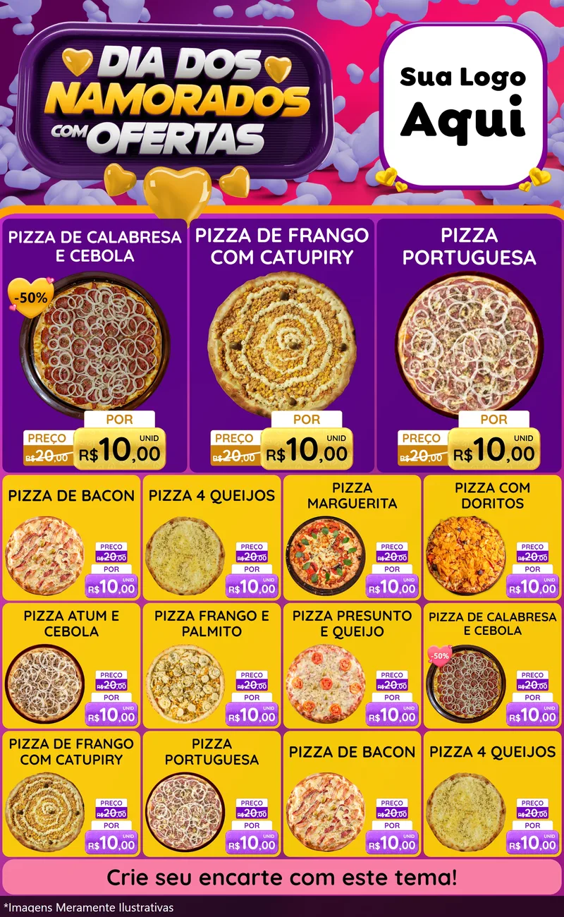 Modelo de Encarte para Encarte Grande com o tema Dia Dos Namorados Com Ofertas para Pizzaria