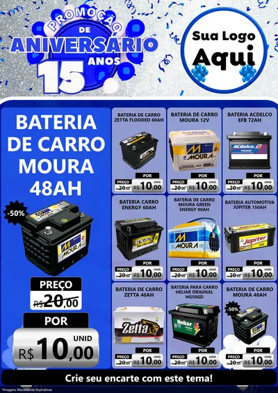 Modelo de Encarte para Encarte A4 Vertical com o tema Promoção de Aniversário - 15 Anos para Baterias Elétricas
