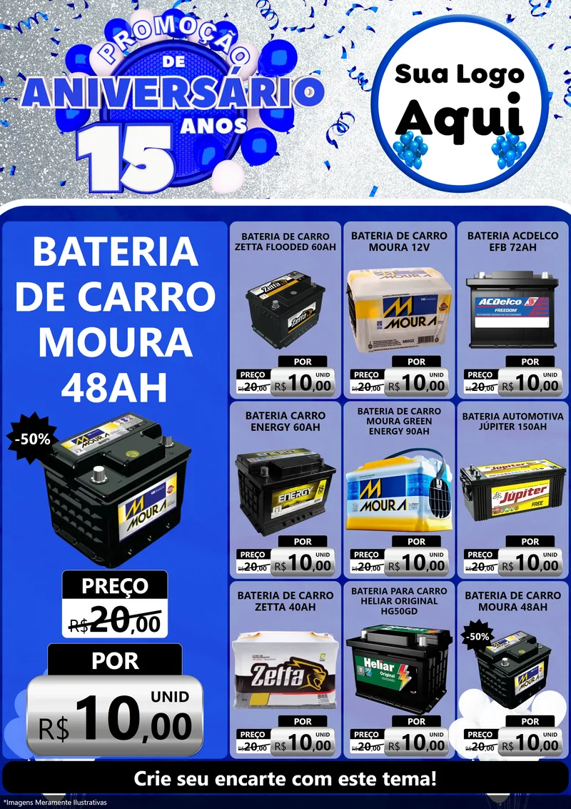 Modelo de Encarte para Encarte A4 Vertical com o tema Promoção de Aniversário - 15 Anos para Baterias Elétricas
