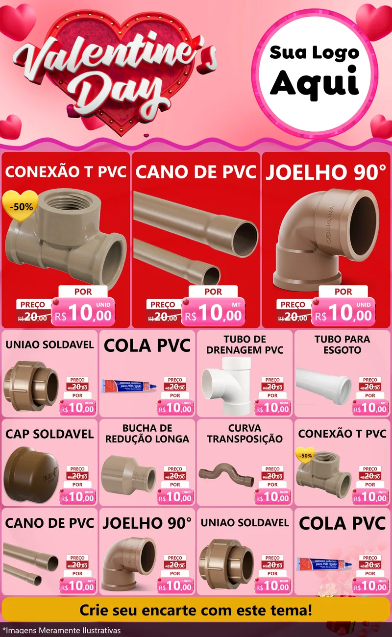 Modelo de Encarte para Encarte Grande com o tema Valentine's Day para Tubos e conexões