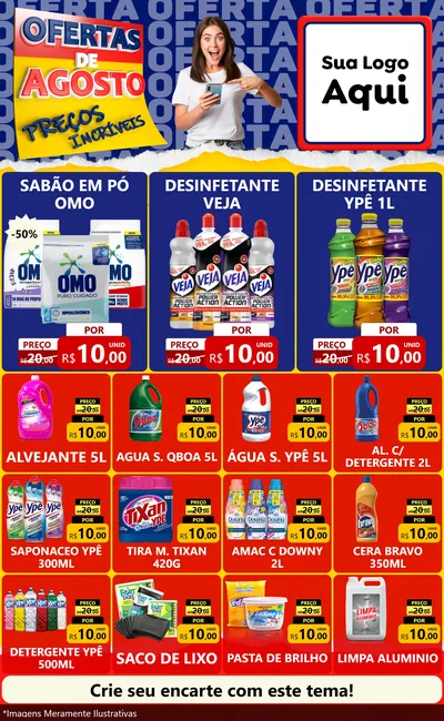 Modelo de Encarte para Encarte Grande com o tema Ofertas de Agosto - Preços Incríveis para Produtos de Limpeza