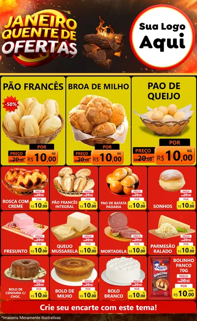 Modelo de Encarte para Encarte Grande com o tema Janeiro Quente de Ofertas para Padaria
