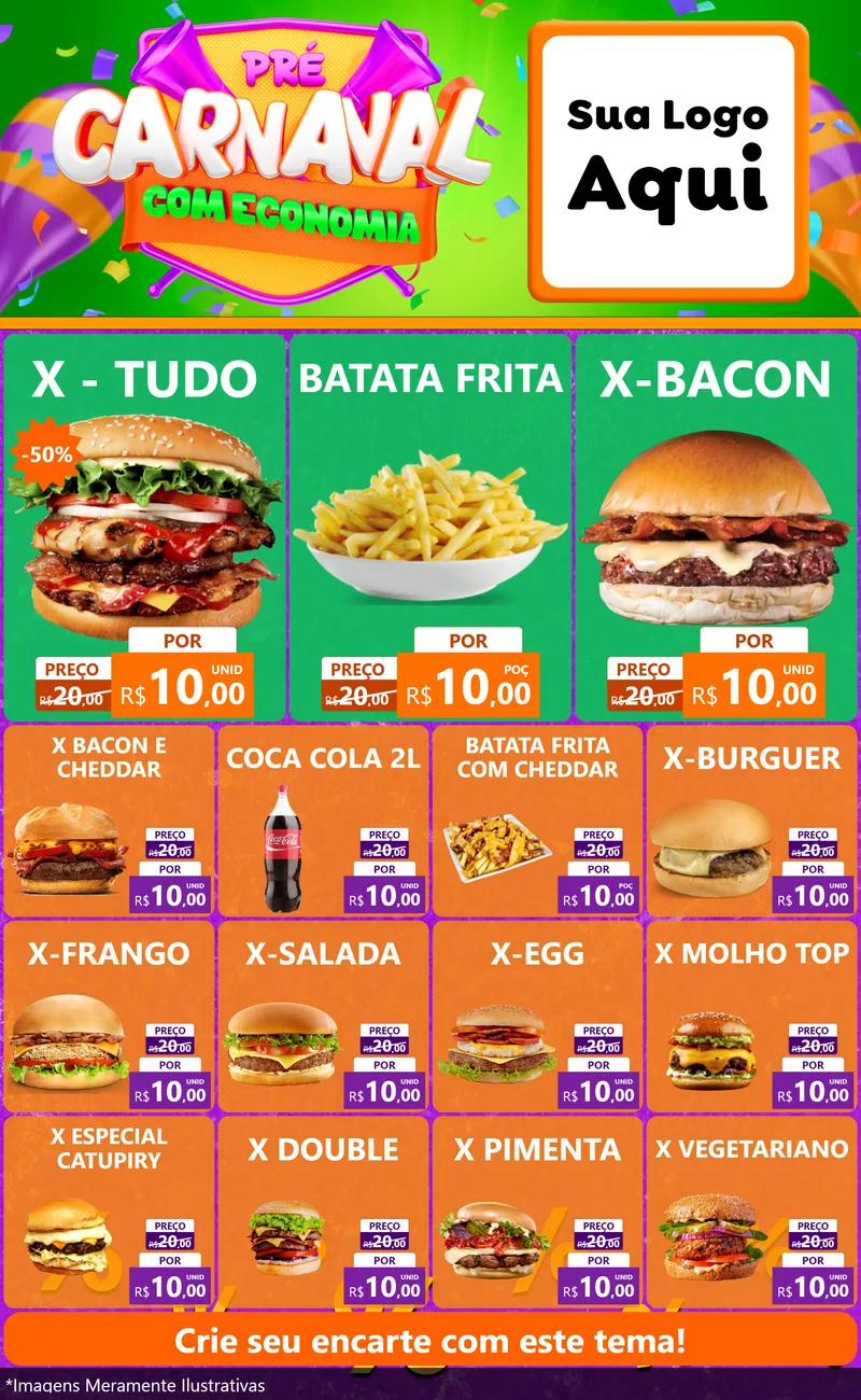 Modelo de Encarte para Encarte Grande com o tema Pré-Carnaval Com Economia para Hamburgueria