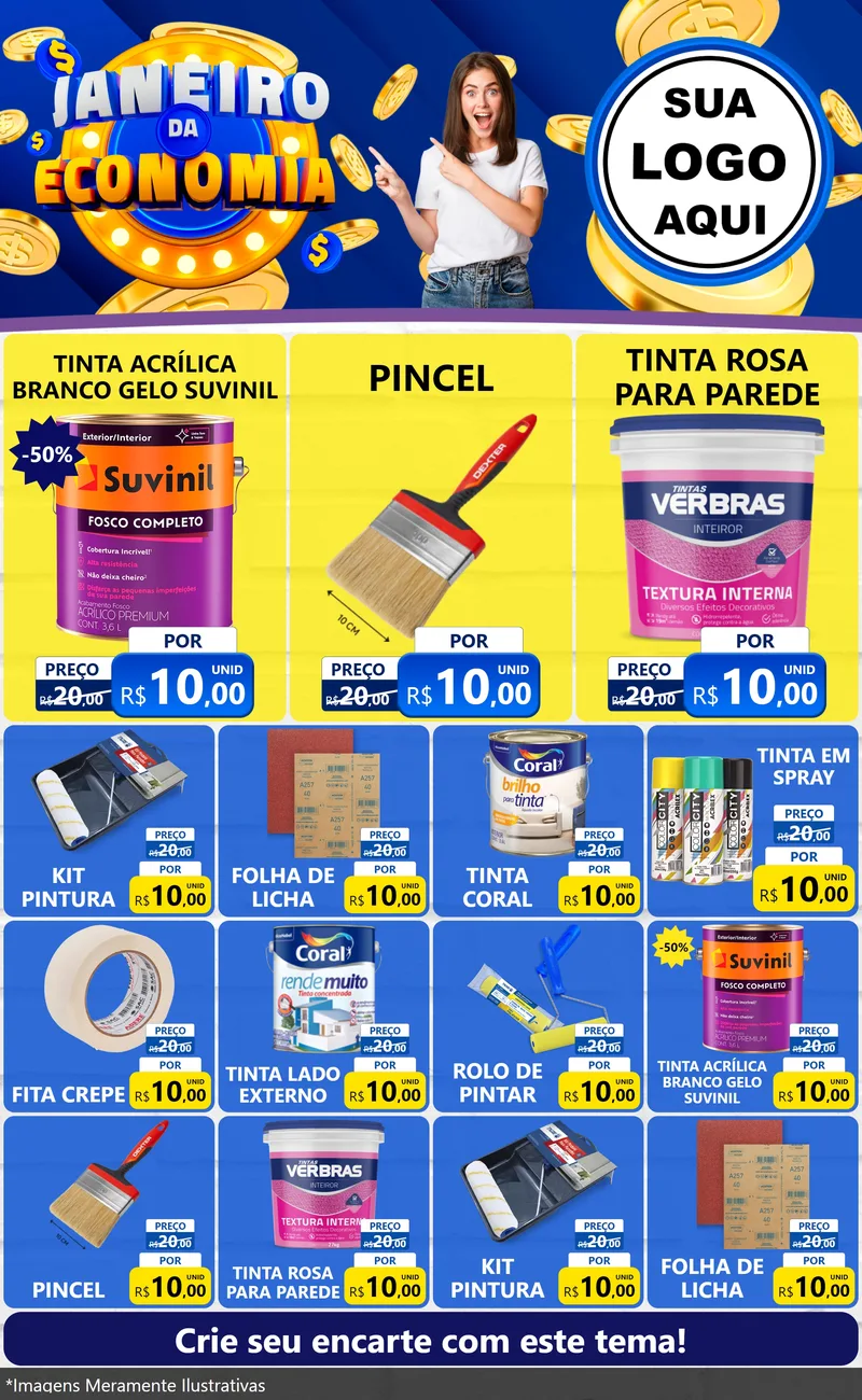 Modelo de Encarte para Encarte Grande com o tema Janeiro da Economia para Tintas e Ferramentas