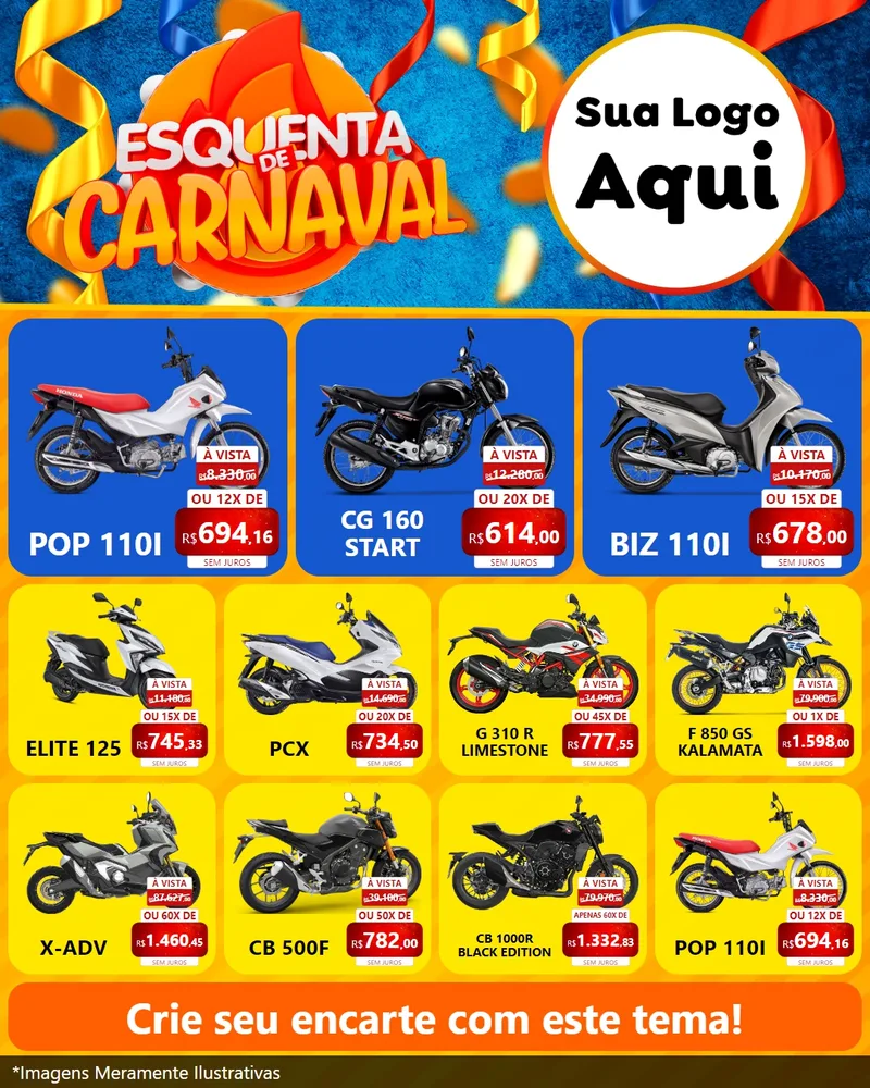 Modelo de Rede Social para Feed Instagram com o tema Esquenta de Carnaval para Concessionaria de Motos