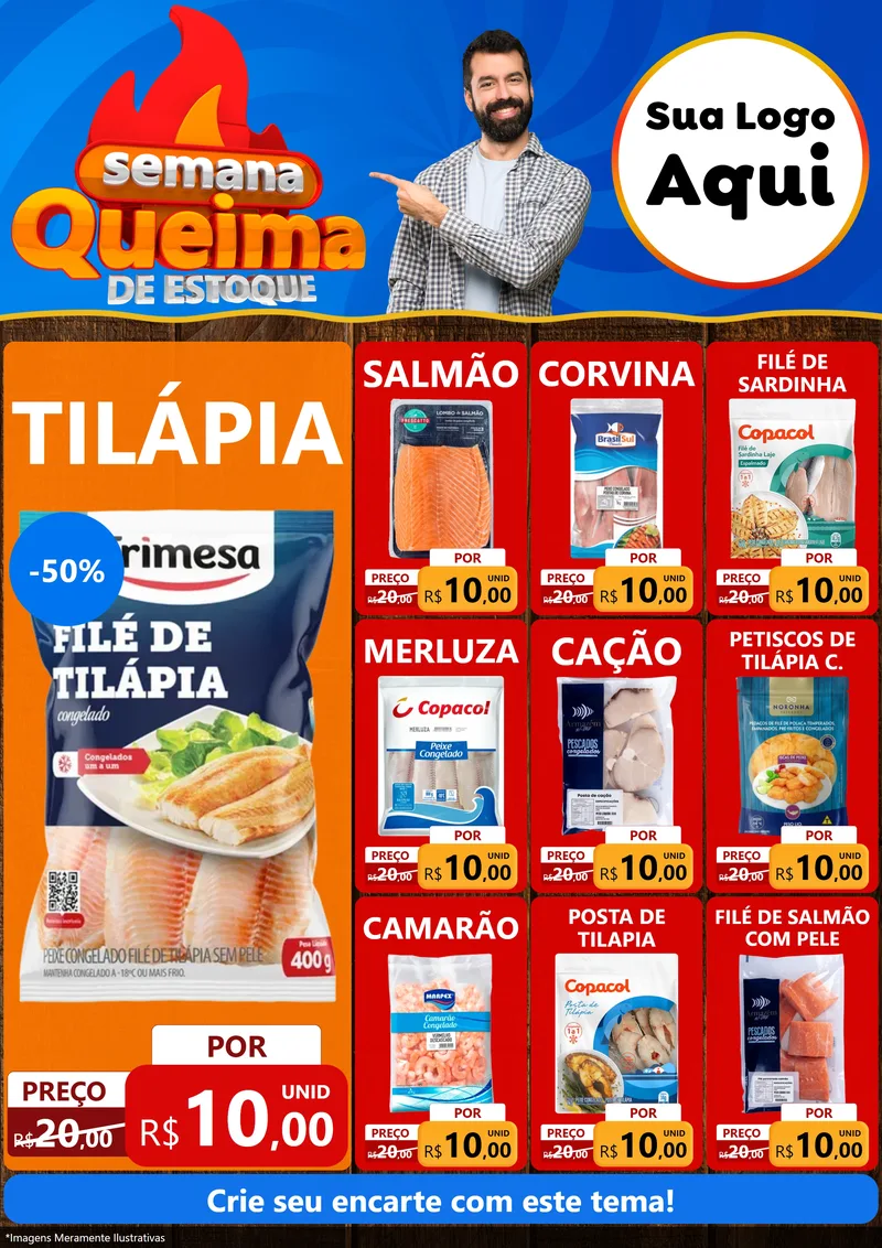 Modelo de Encarte para Encarte A4 Vertical com o tema Semana Queima de Estoque para Peixaria