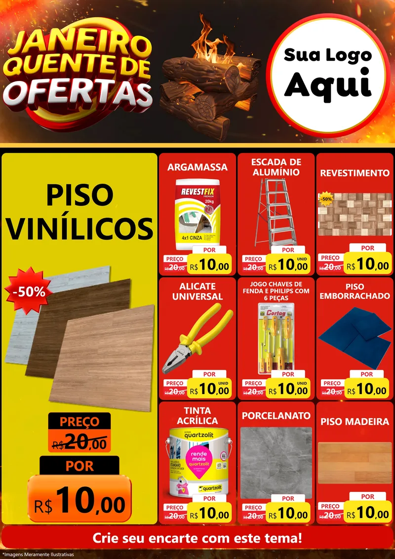 Modelo de Encarte para Encarte A4 Vertical com o tema Janeiro Quente de Ofertas para Material para Construção