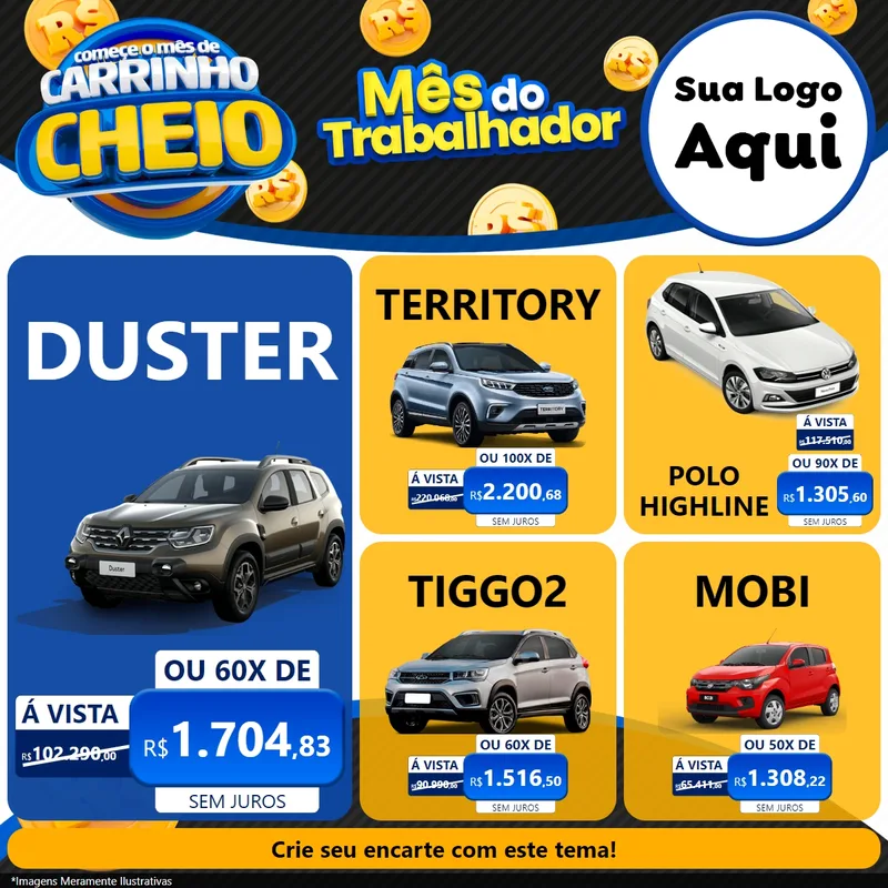 Modelo de Rede Social para Feed Facebook com o tema Comece o Mês de Carrinho Cheio para Concessionaria de Carros