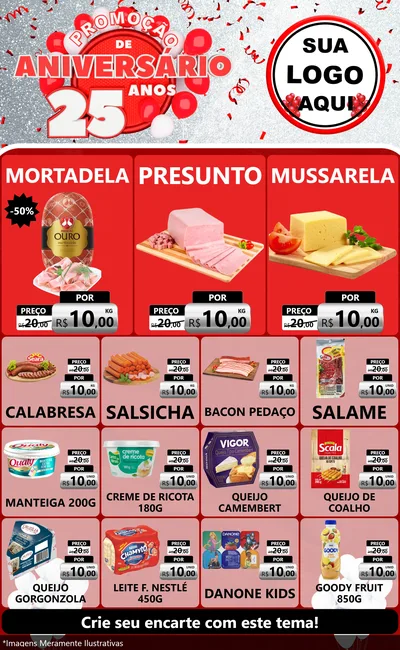 Modelo de Encarte para Encarte Grande com o tema Promoção de Aniversário - 25Anos para Frios e Laticínios