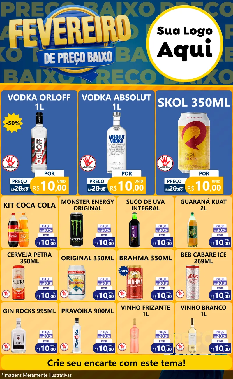 Modelo de Encarte para Encarte Grande com o tema Fevereiro de Preço Baixo para Distribuidora de bebidas