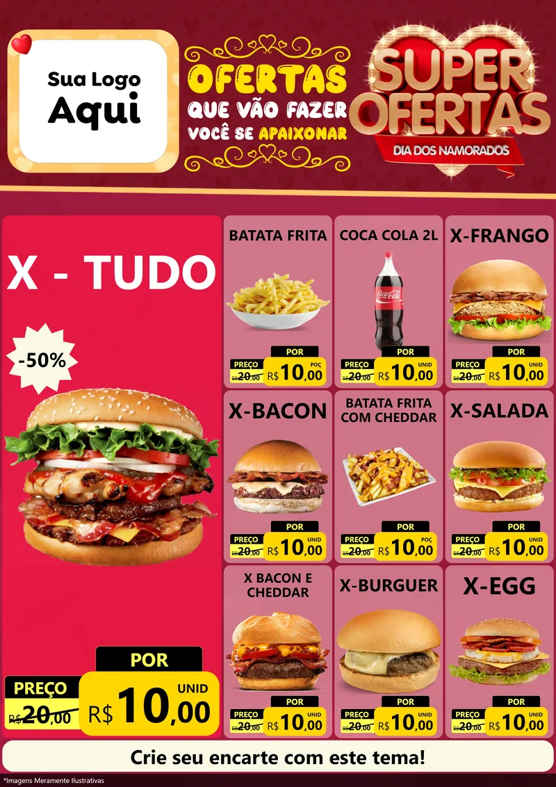Modelo de Encarte para Encarte A4 Vertical com o tema Dia dos Namorados para Hamburgueria