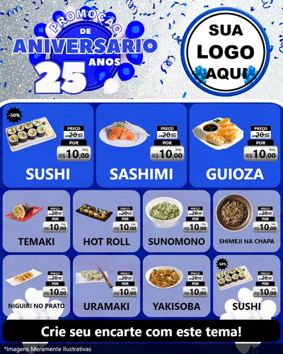 Modelo de Rede Social para Feed Instagram com o tema Promoção de Aniversário - 25 Anos para Comida japonesa
