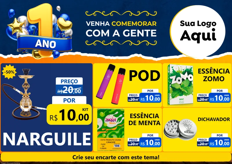 Modelo de Encarte para Encarte A4 Horizontal com o tema Um Ano de Aniversário para Tabacaria