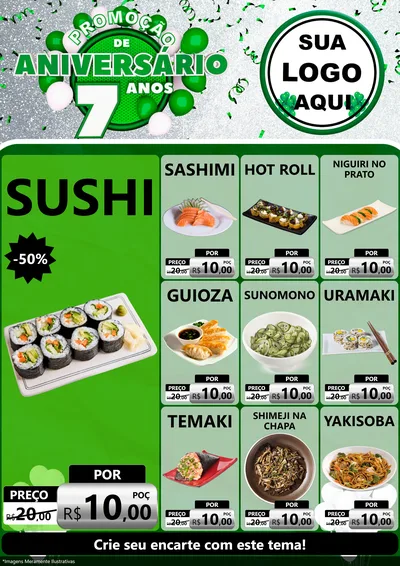 Modelo de Encarte para Encarte A4 Vertical com o tema Promoção de Aniversário - 7 Anos para Comida japonesa