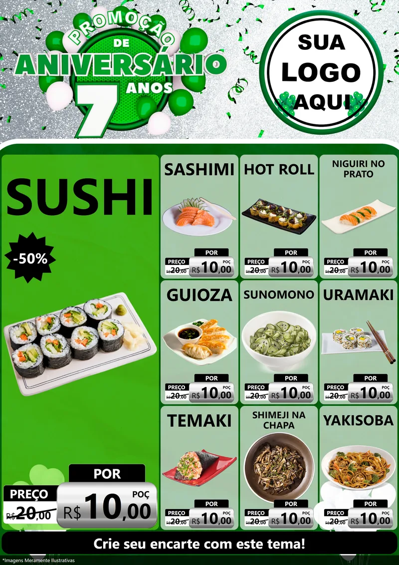 Modelo de Encarte para Encarte A4 Vertical com o tema Promoção de Aniversário - 7 Anos para Comida japonesa