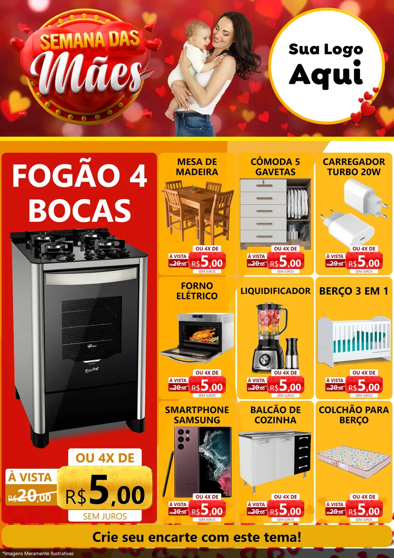 Modelo de Encarte para Encarte A4 Vertical com o tema Semana das Mães para Móveis e Eletro