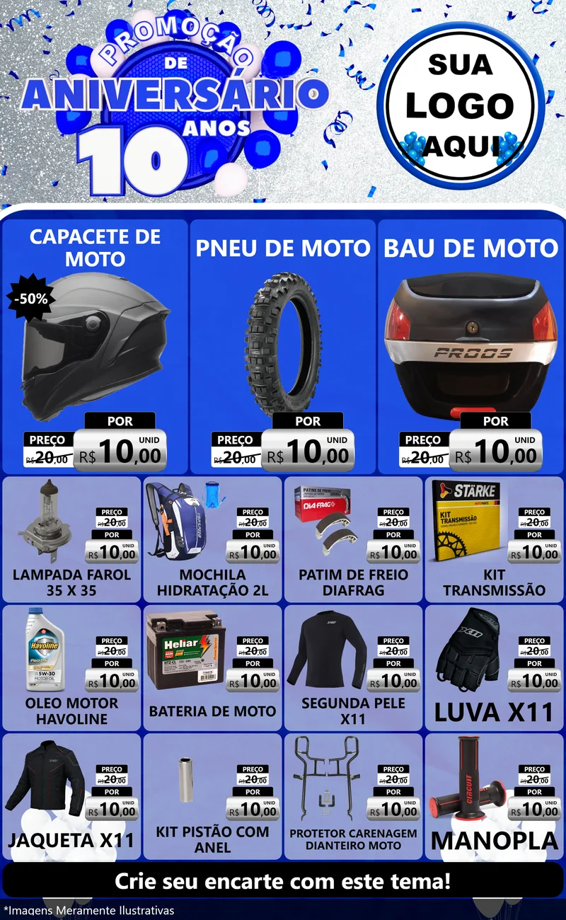 Modelo de Encarte para Encarte Grande com o tema Promoção de Aniversário - 10 Anos para Moto peças