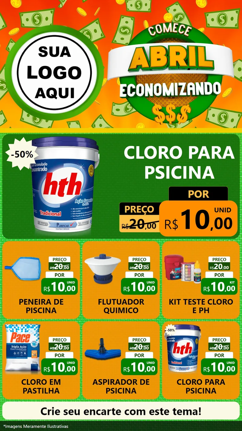 Modelo de Rede Social para Stories com o tema Comece Abril Economizando para Produtos para Piscina