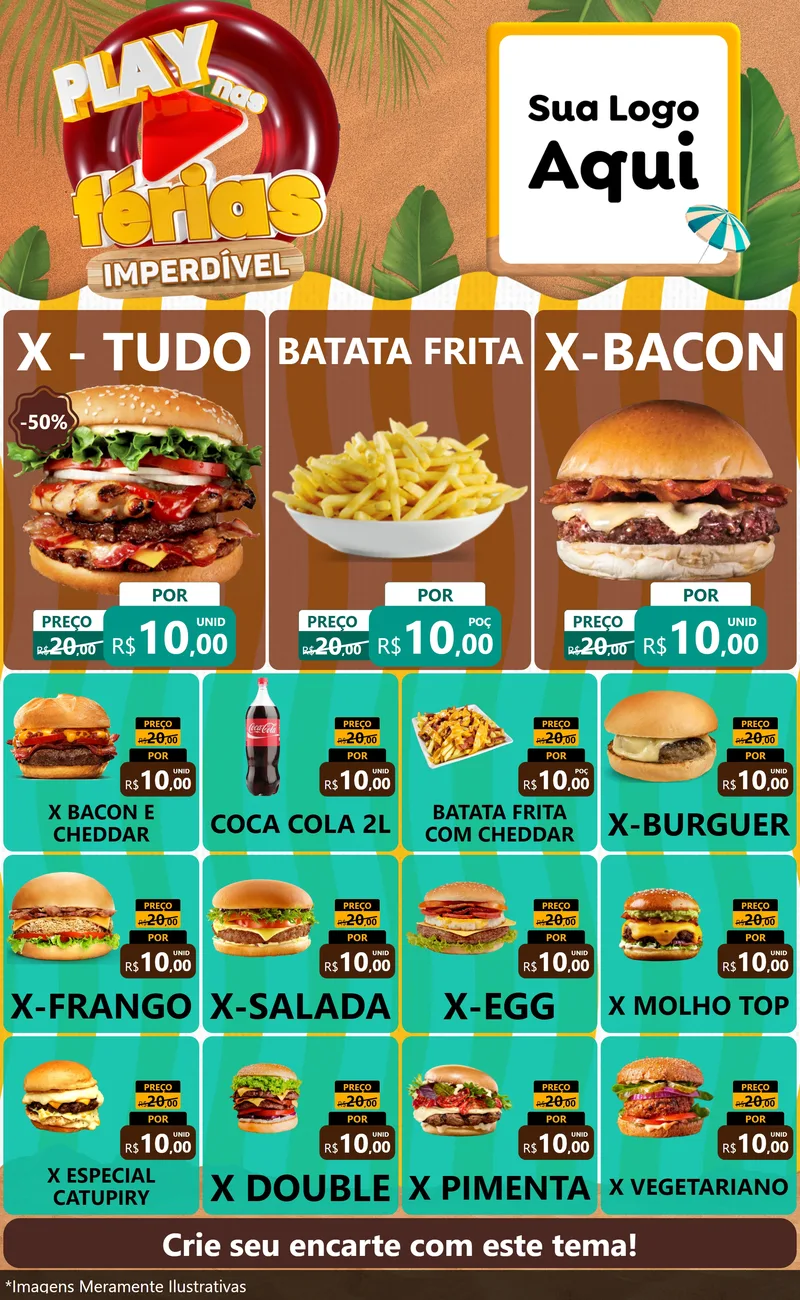 Modelo de Encarte para Encarte Grande com o tema Play Nas Férias Imperdível para Hamburgueria