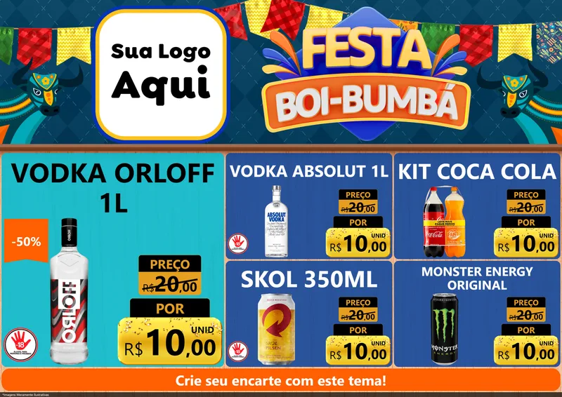 Modelo de Encarte para Encarte A4 Horizontal com o tema Festa Boi Bumbá para Distribuidora de bebidas