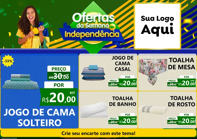 Modelo de Encarte para Encarte A4 Horizontal com o tema Ofertas da Semana da Independência para Cama, Mesa e Banho