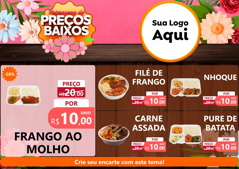Modelo de Encarte para Encarte A4 Horizontal com o tema Primavera de Preços Baixos para Restaurante
