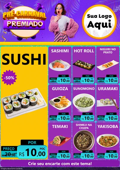 Modelo de Encarte para Encarte A4 Vertical com o tema Pré-Carnaval Premiado para Comida japonesa